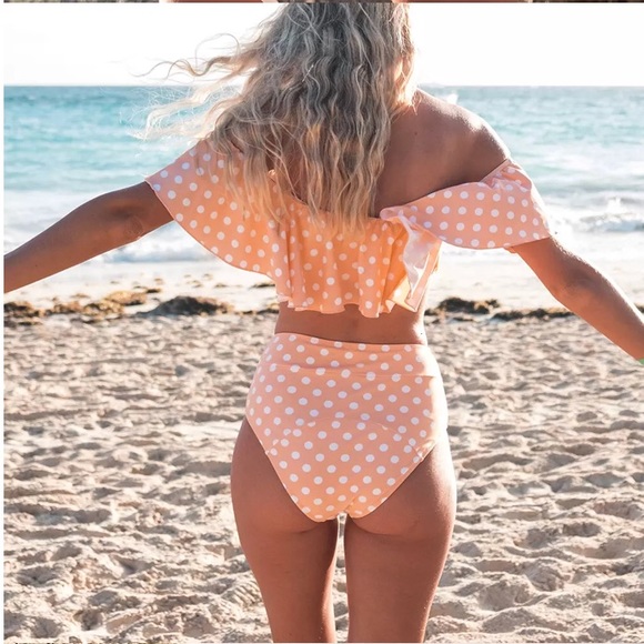 Peach Polka Dot Ruffle High Waist Bikini Swimsuit - Picture 3 of 7